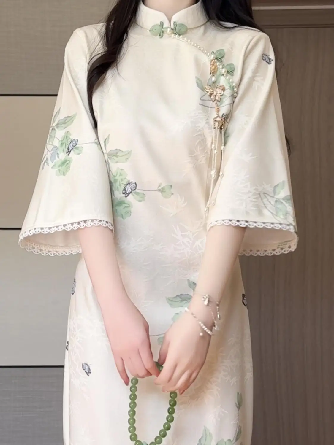 Primavera Chesongam Vintage Colletto alla coreana Stampa Qipao Donna Abiti eleganti Abiti di media lunghezza in stile cinese Costume Qipao