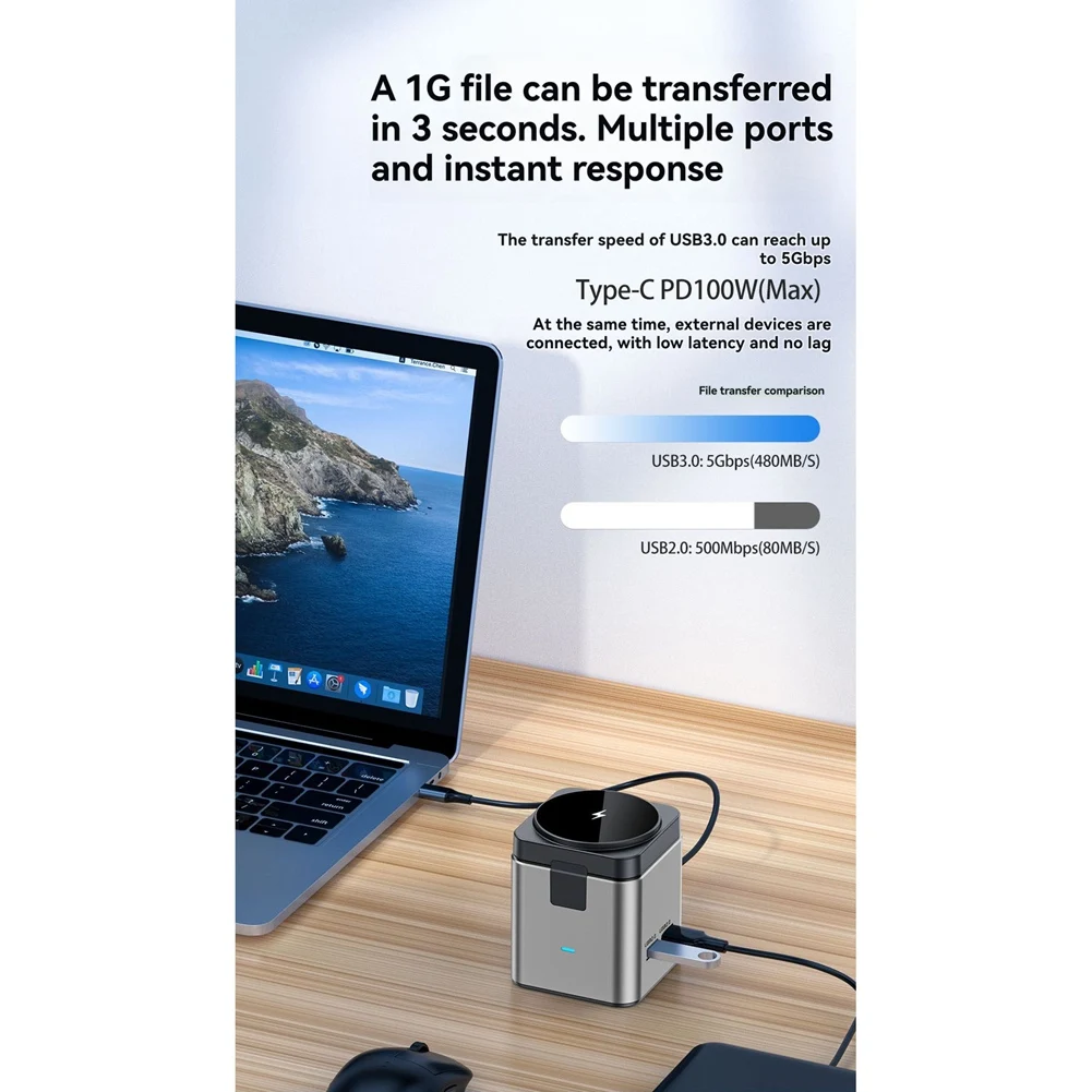 fitfit 7 in 1 Type-C Docking Station Magnetic 15W Wireless Charger Stand USB-C HUB with USB3.0 USB2.0 HD 4K@30Hz PD100W