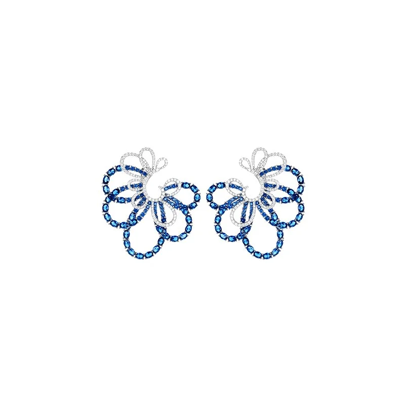 

Bellux Original Design 925 Silver Earrings Gold Plated Synthetic Zircon Flower Petal Blue and White Full Diamond