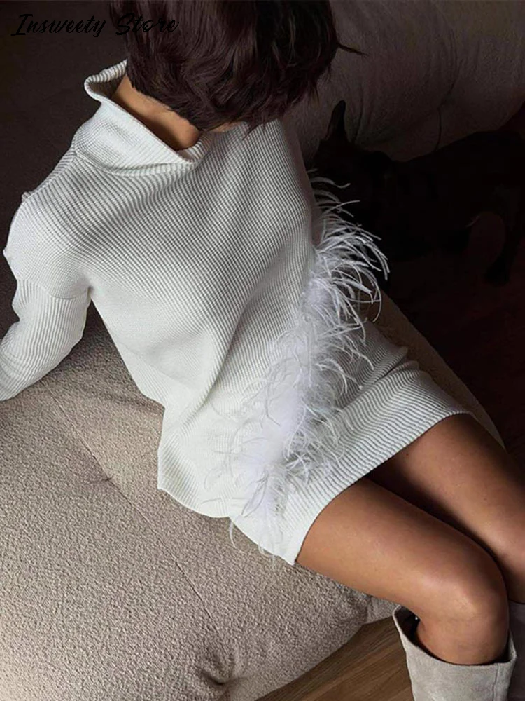 

Модный свитер с отделкой из перьев, женский однотонный свитер с асимметричным подолом, водолазка с длинными рукавами, пуловер 2026, весенний женский новый элегантный топ