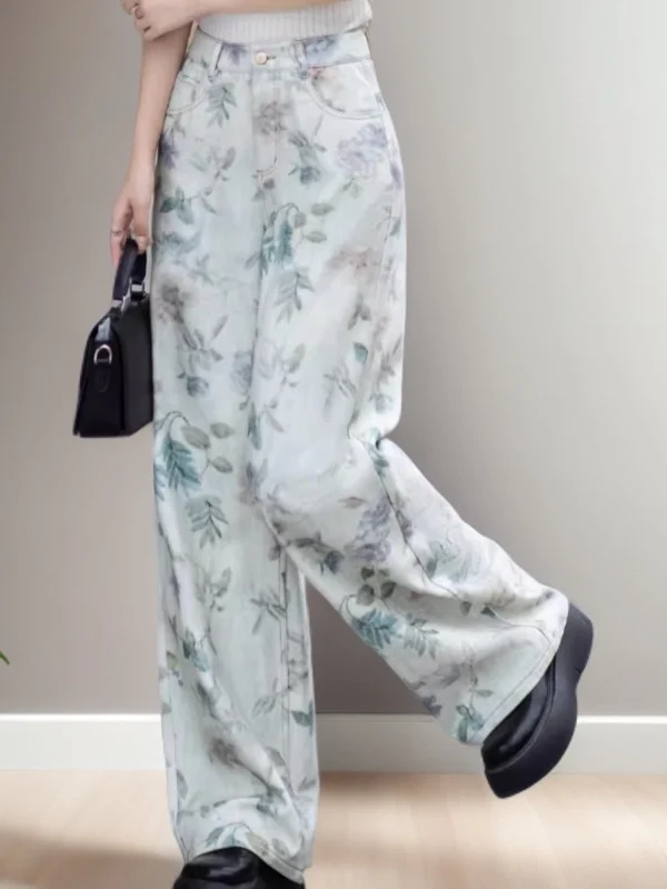 

Spring High Waist Loose Fit Printed Straight Leg Jeans Women's Casual Wide Leg Pants Floral Patterned Slimming Effect