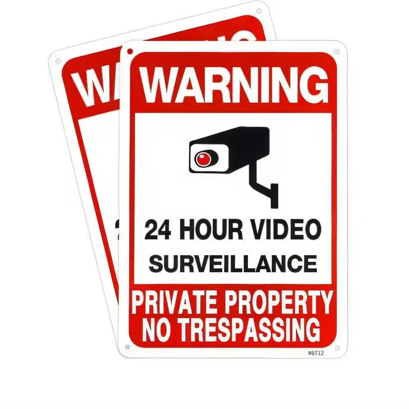 Red & White 24 Hour Video Surveillance Metal Sign - Security Camera, Private Property No Trespassing, Iron Material, Bold Warnin