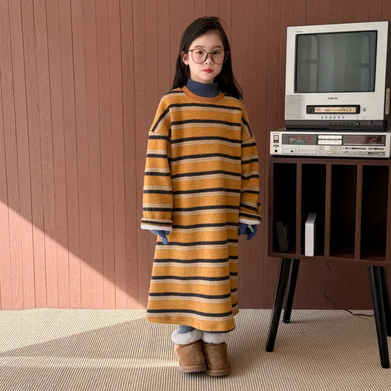 

2026 зима-весна, вязаный свитер для девочек, платье в полоску с длинными рукавами, детский свитер, милый винтажный наряд для малышей 2-12 лет