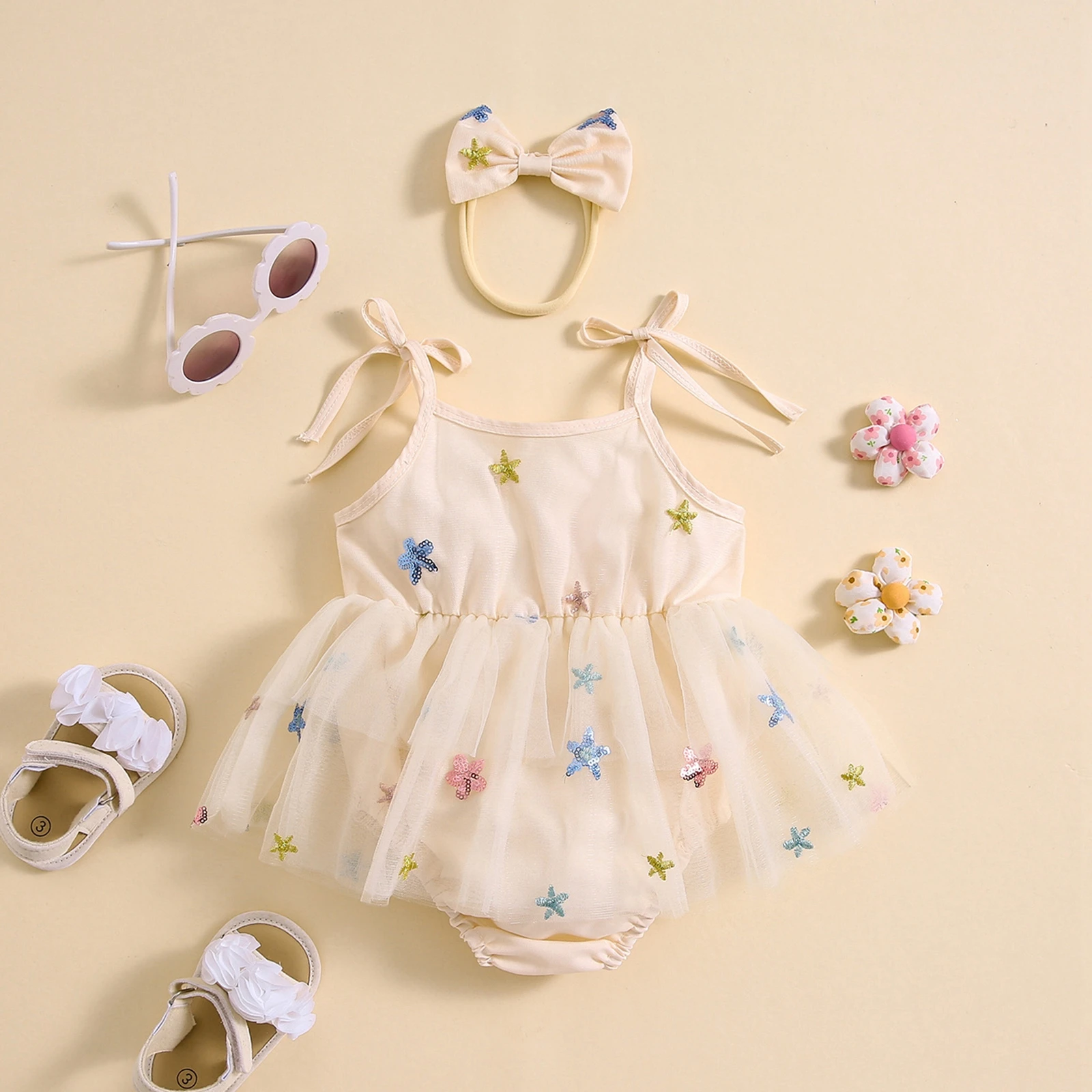 Tregren Newborn Baby Girls Tulle Bodysuits Cute Tie-up Sleeveless Sequined Stars Romper Dress with Bow Hairband Summer Clothes