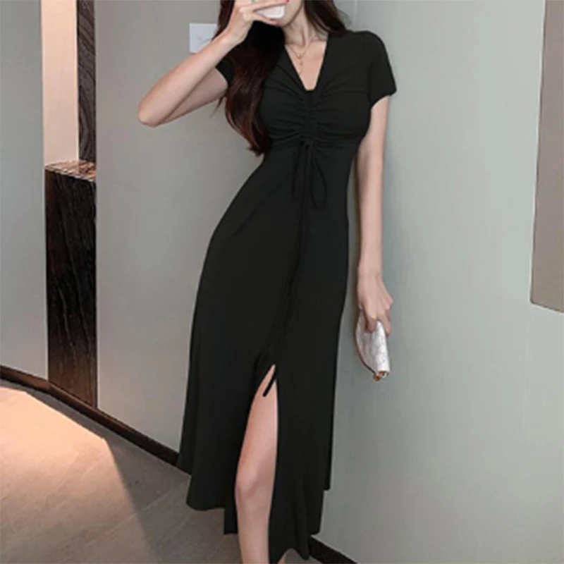 2022 Summer Sexy Solid Color Folds Drawstring Bandage Slit Midi Dress Waist Elegant Party Holiday Dresses Casual Robe Vestidos