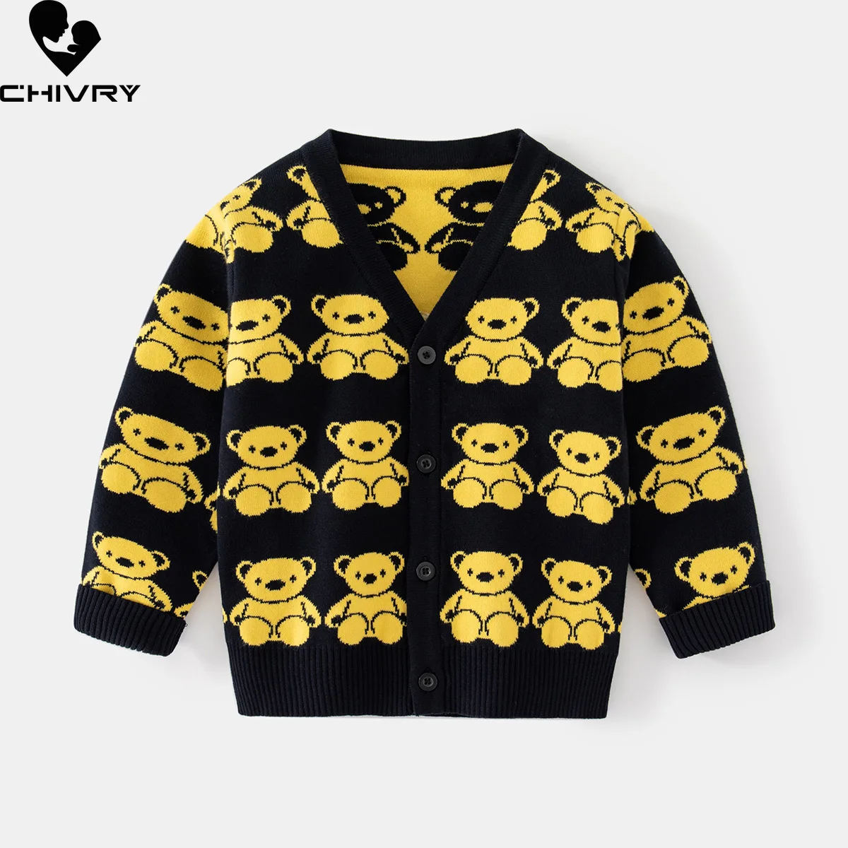 Boys Casual Cartoon Bear Warm Knitted V-neck Cardigan Sweater Coat Kids Knitwear Children's Autumn Winter Sweaters Cardigans