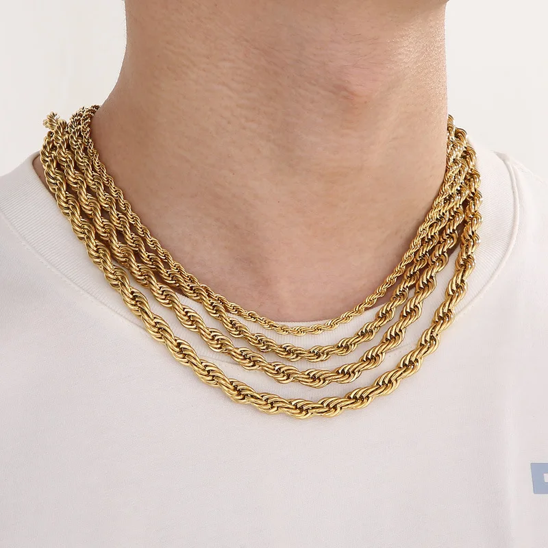 2mm-8mm Gold Color Twist Rope Chain Necklaces For Men Women Hiphop Stainless Steel Waterproof Chains Choker Necklace Jewelry