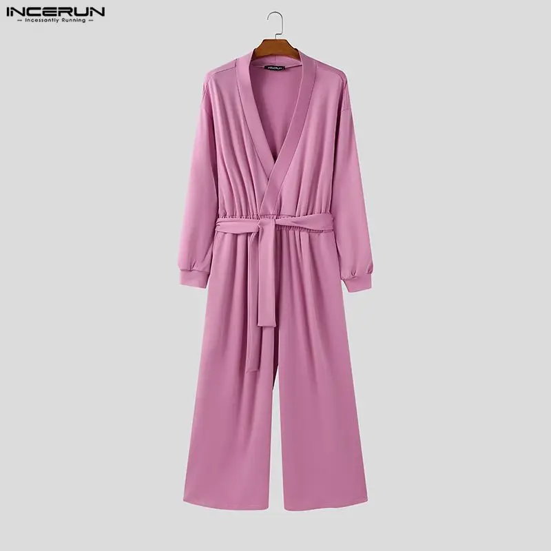 

INCERUN Men Jumpsuits Solid Color Pleated Lace Up Casual Male Overalls Streetwear Loose V Neck Long Sleeve Fashion Rompers Men