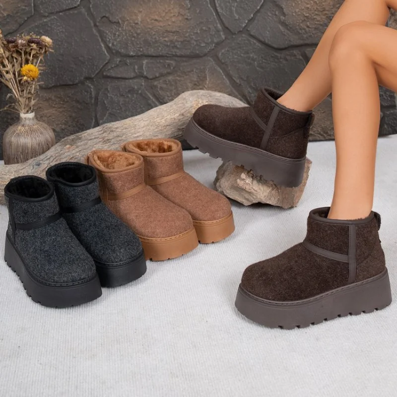 

Suede High Heel Boots(5-8cm)Round Head Winter Sleeve Artificial Long Plush snow boots