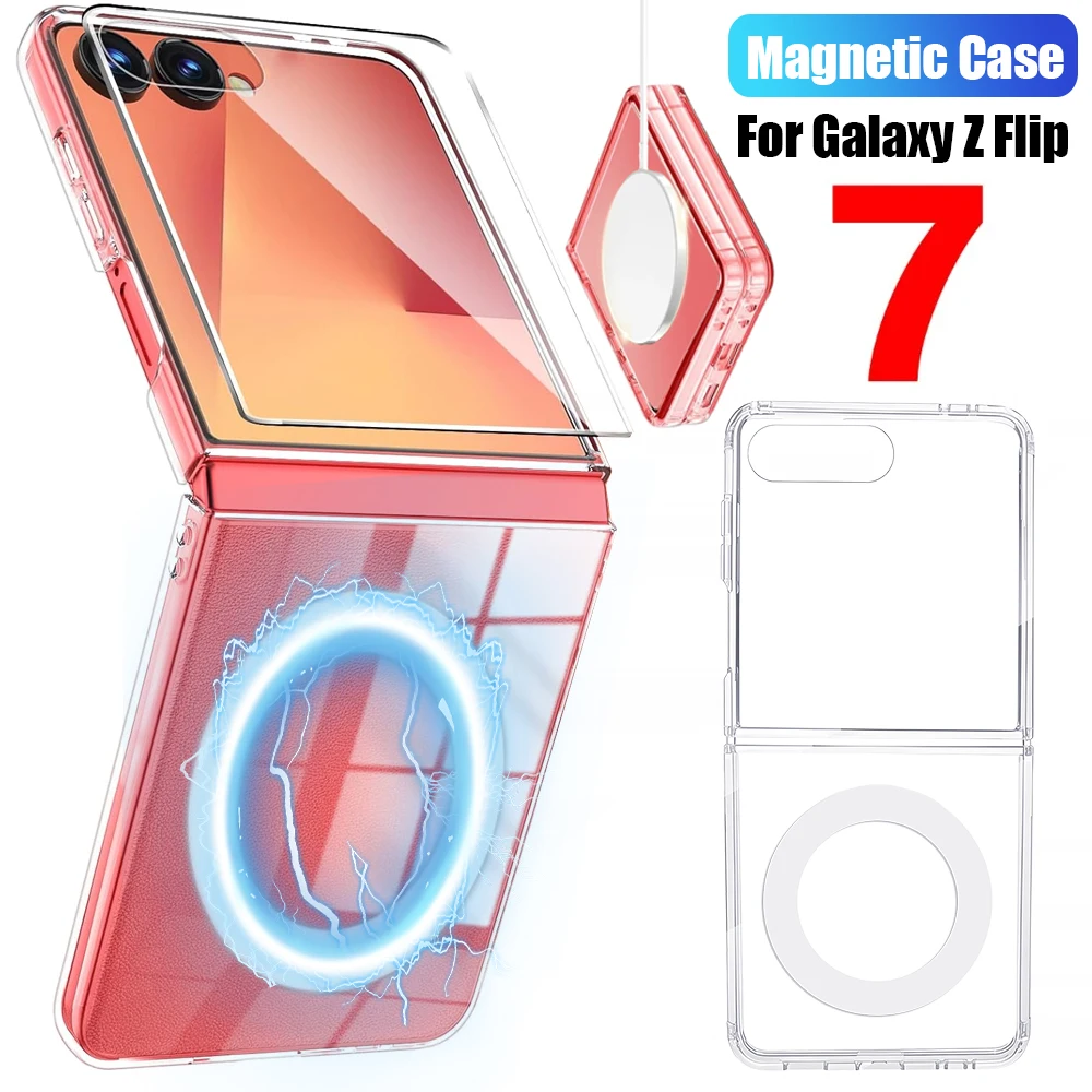For Samsung Galaxy Z Flip 7 5G Clear Magnetic Case Flip7 Transparent Outer Screen Protective Wireless Charging Cover For Magsafe