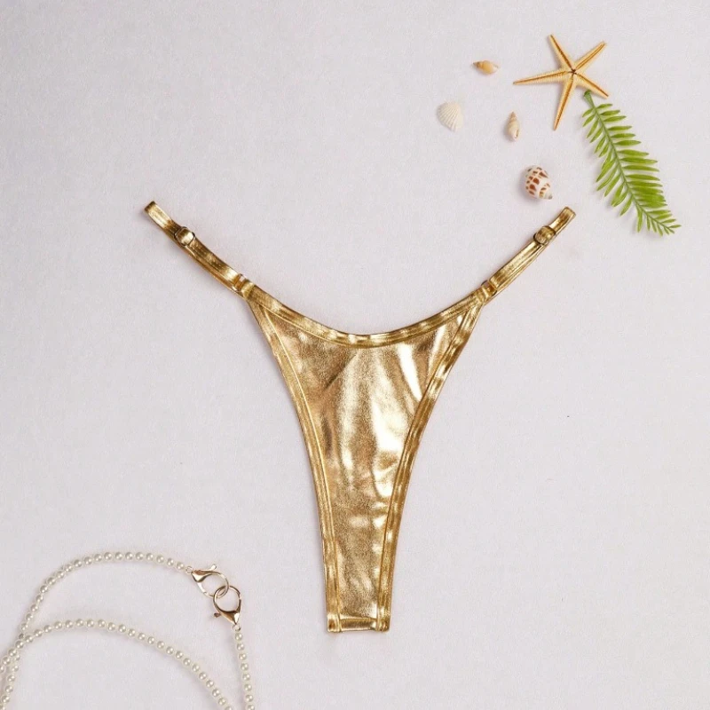 Women G-string Glossy Triangle Shape Solid Color Elastic Mid Waist Adjustable Strap Thong Lady Brief