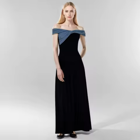 Spliced Color Contrast Asymmetrical Off Shoulder Knitted Black Dress Women's Elastic Slim Fit Slimming Casual Evening Dress