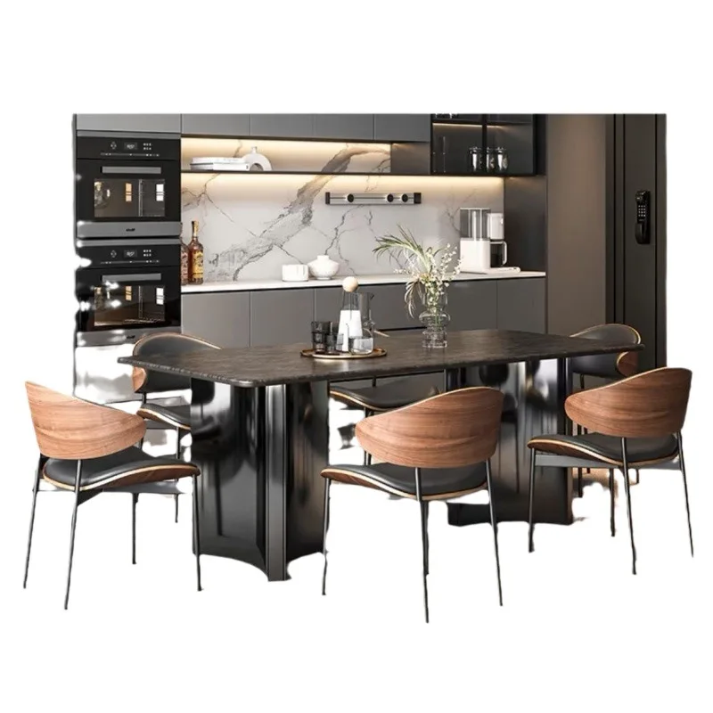 

Light luxury wabi-sabi dining chair, leather soft bag, modern curved wood cafe, solid wood chair