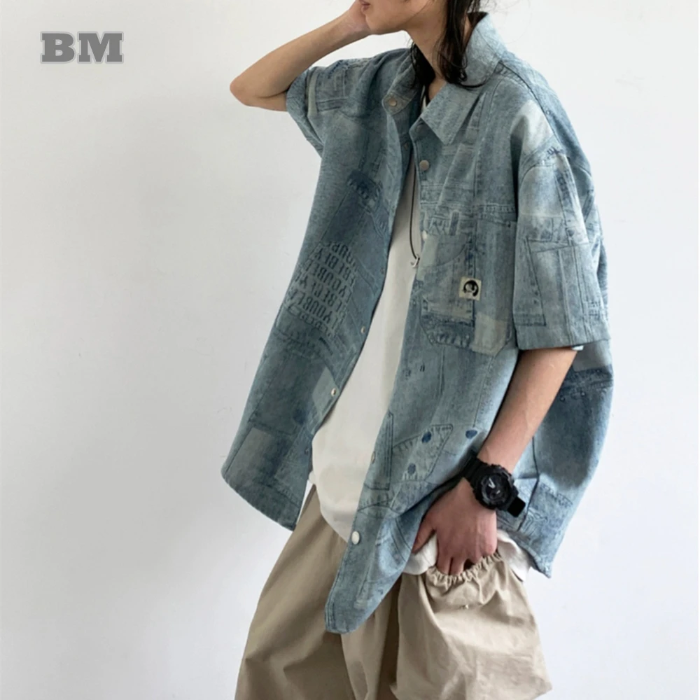 

Summer Korean Streetwear Print Denim Shirt Men Women Clothing Preppy Casual Couple Top Japanese Harajuku High Quality Shirt