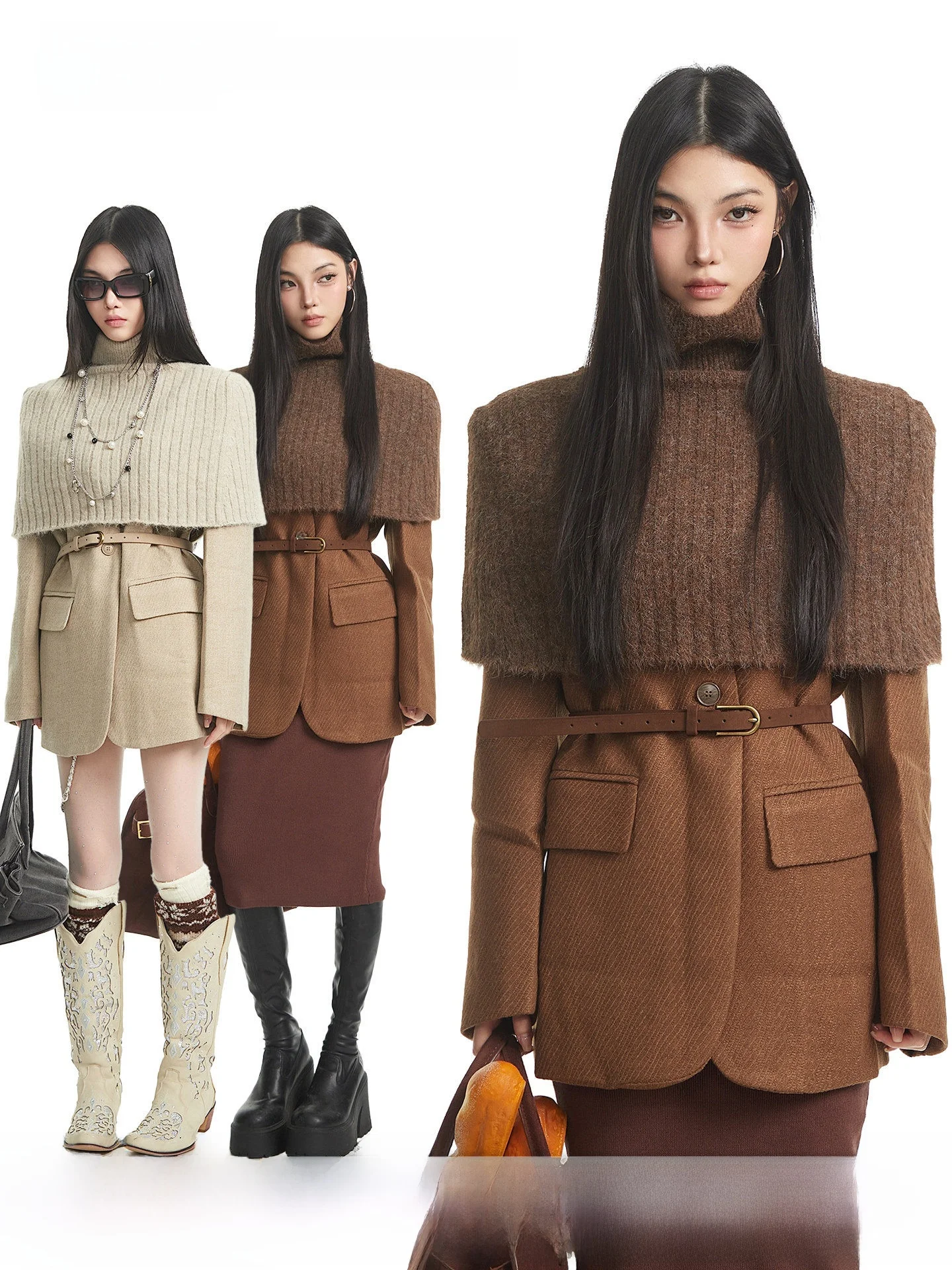 

Uncmhisex Korean Style Women's Shoulder Wrap Coat Warm Woolen Suit Top Autumn Winter Design Sense Fashionable Cowl Neck Coat