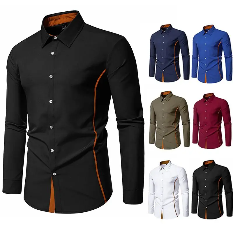 Men's color-blocked triangle collar long-sleeved shirt slim-fit shirt British style casual JJ836