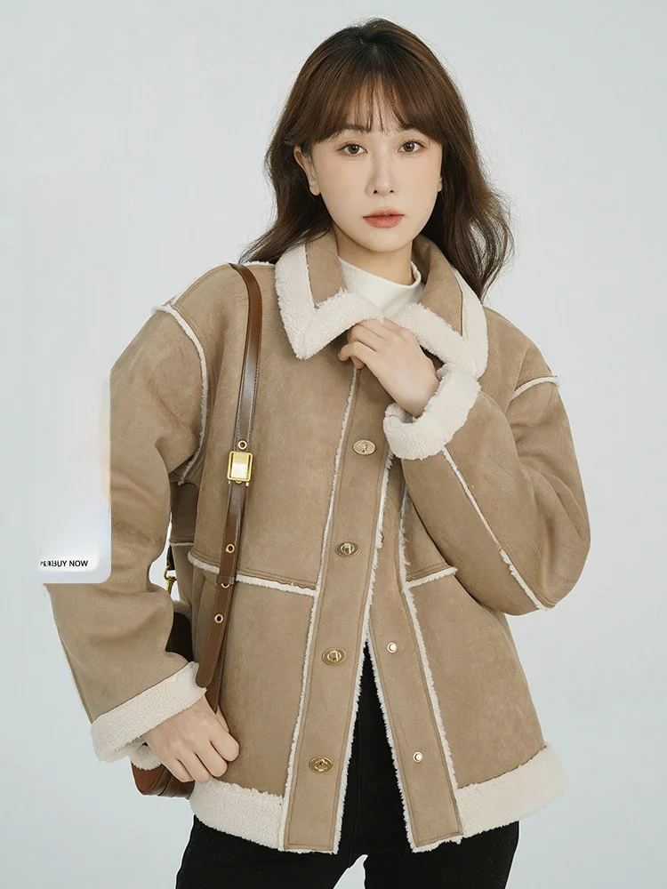 

Женское пальто цвета хаки из искусственной замши с подкладкой, утепленное, с интегрированным мехом, повседневное, с воротником-стойкой, длинный рукав