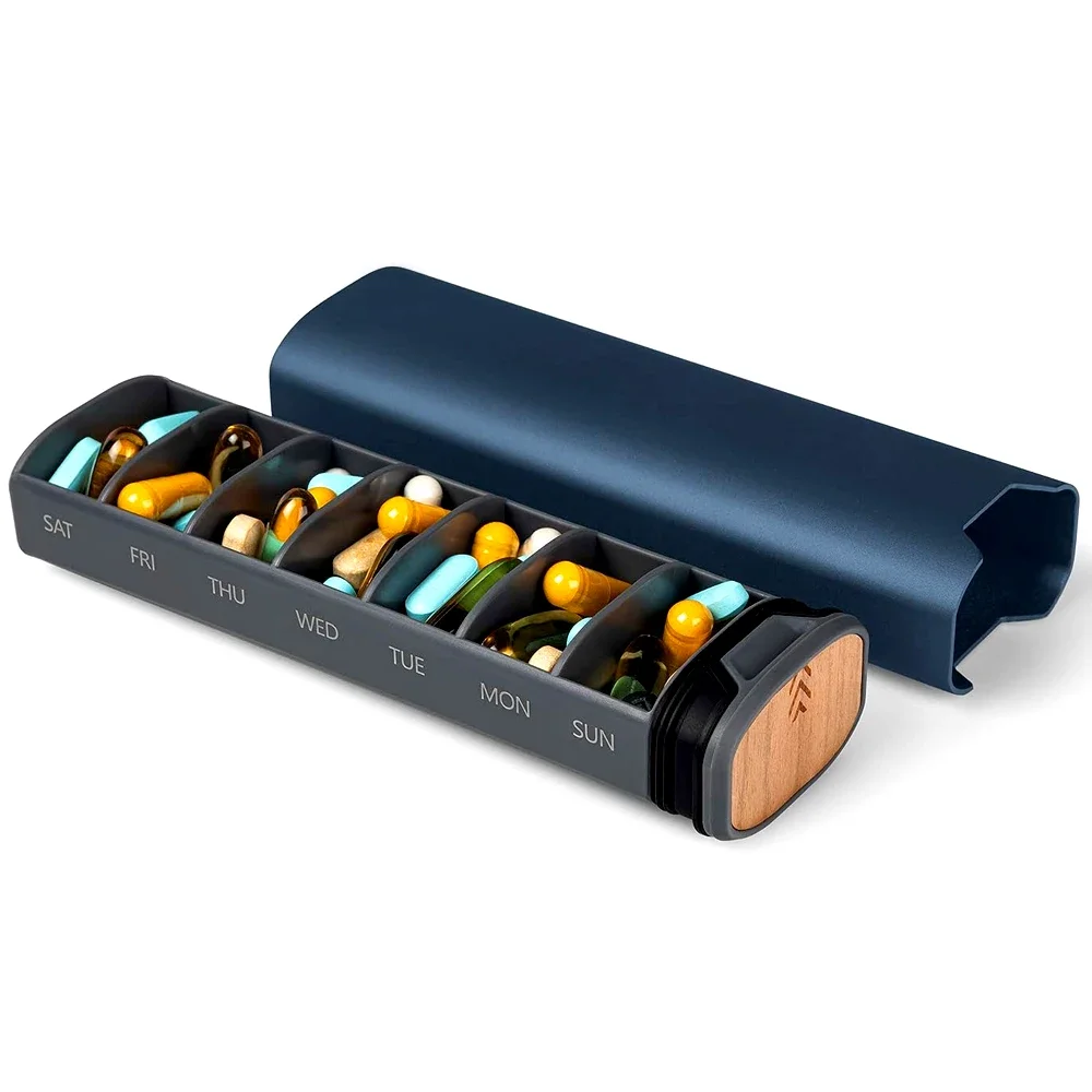 

1Pcs 7 Day Weekly Pill Organizer - Premium Stylish Aluminum and Wood Large Capacity Pill Box for Pills, Vitamins and Medicine