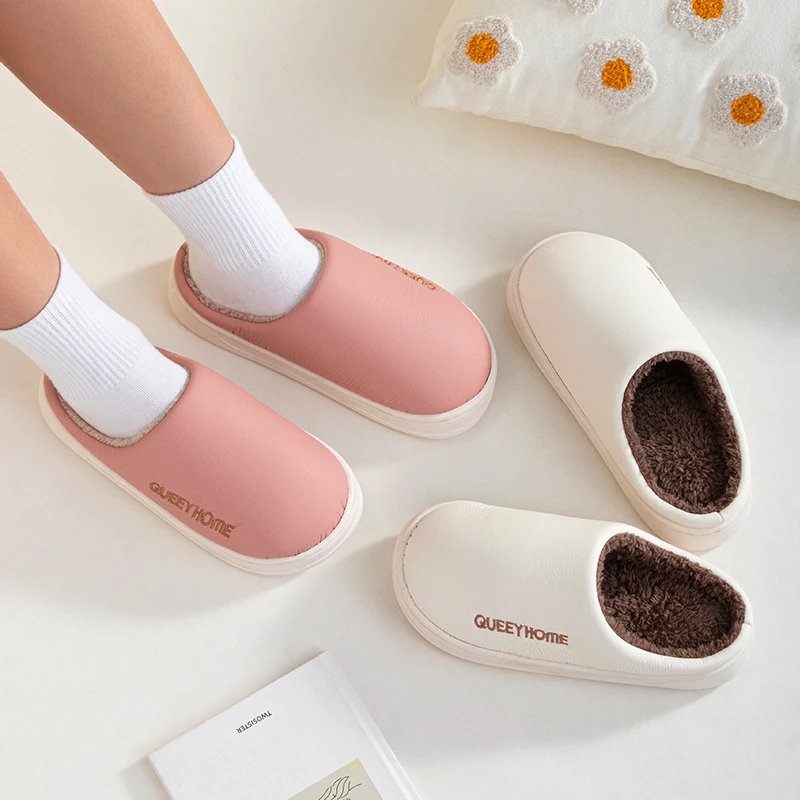 Queey Home Winter Women PU Waterproof Shoe Upper Cotton Slippers Lightweight Short plush Non-Slip Suitable Indoor Outdoor