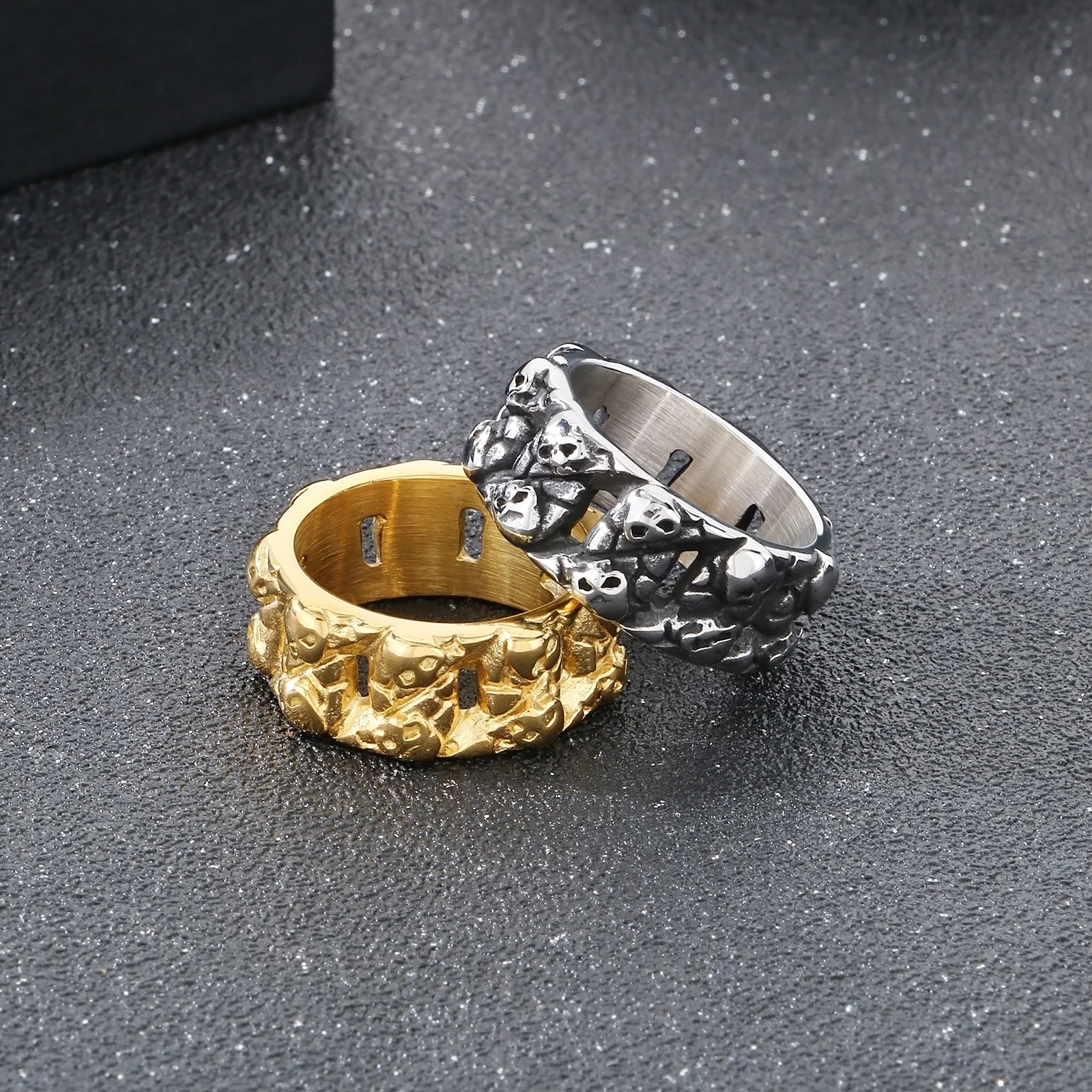 Fongten Geometric Skull Stainless Steel Men\'s Ring Metallic Hollow Design Finger accessories Punk Fashion Jewelry Banquet Gifts