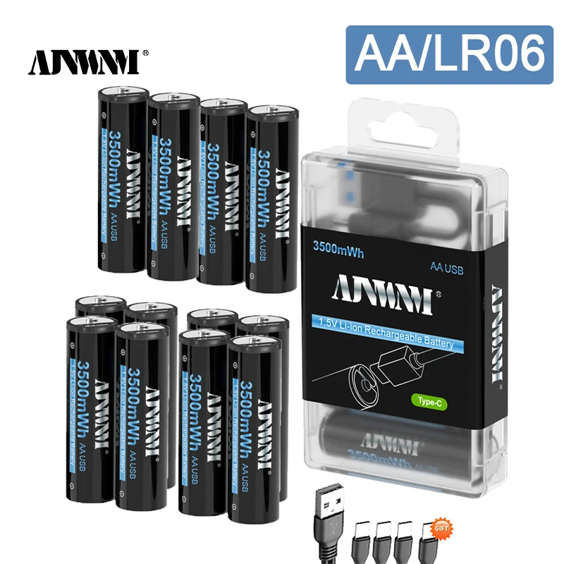

AJNWNM 1.5V USB AA Rechargeable Batteries 3500mWh 1.5v Lithium Batteries AA for remote control toys flashlight camera with USB C