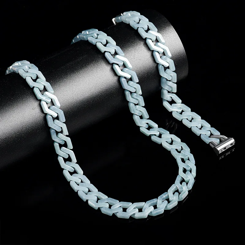 Natural Jadeite Blue Water Rectangular Cuban Link Bracelet Necklace Jade Titanium Steel HipHop Fashion Jewelry for Men and Women