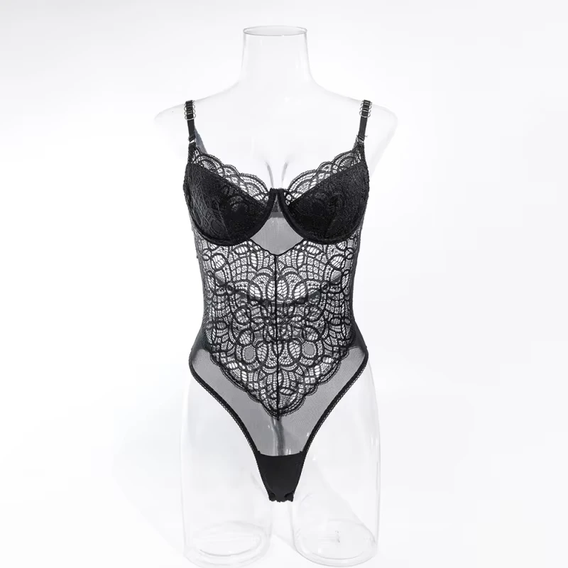 Bikini-style lace-trimmed breathable hollow-out underwire women's one-piece shapewear