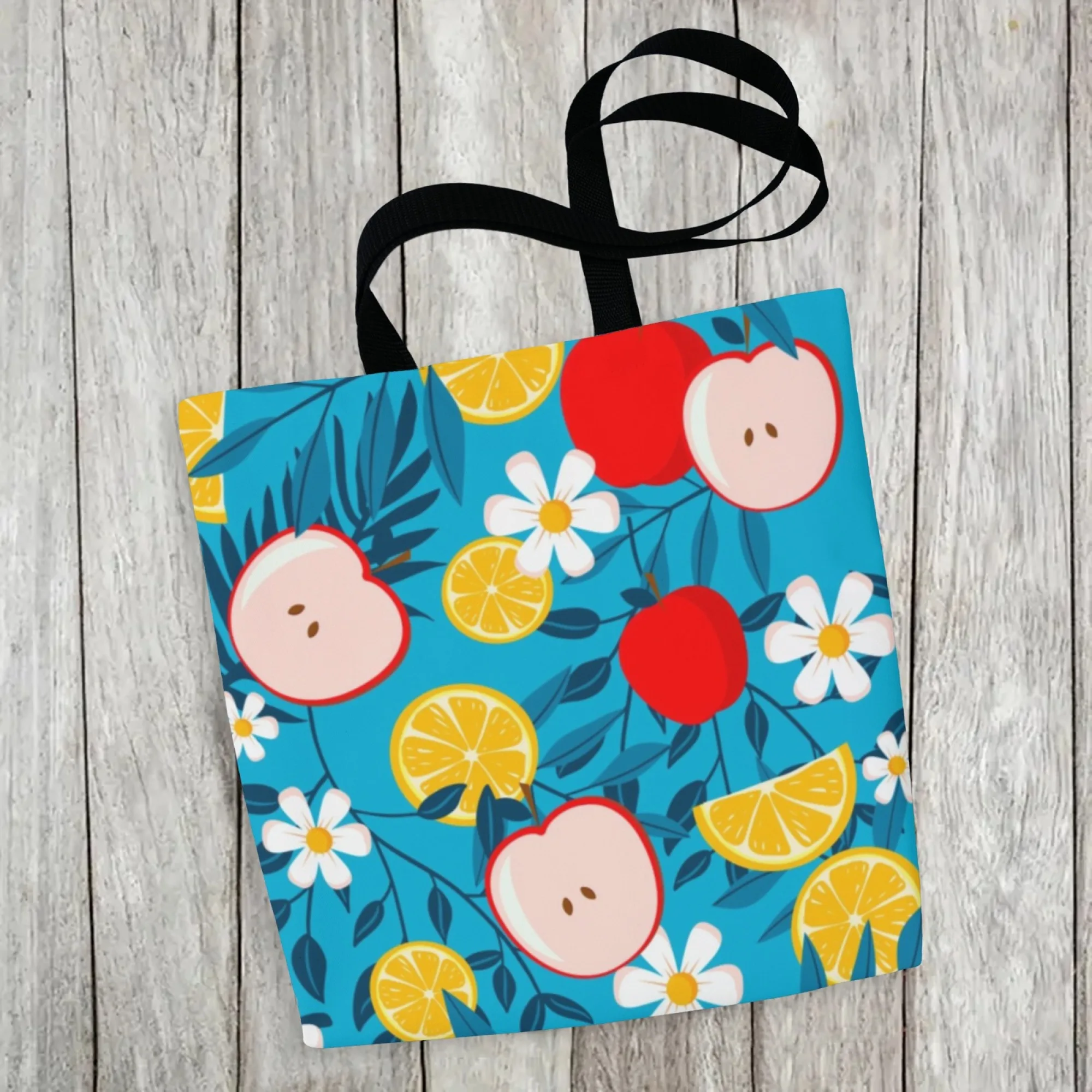 حقيبة تسوق قماشية من قماش التفاح والليمون الأزرق، حقيبة تسوق صيفية طازجة قابلة لإعادة الاستخدام للنساء مثالية لرحلات السوق اليومية