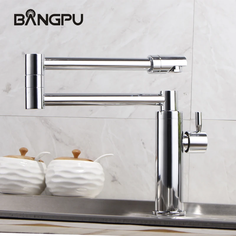 BANGPU Deck Mounted Single Cold Pot Filler Faucet 360° Rotation Folding Kitchen Faucets Swing Arm Pot Filler Faucet Chrome