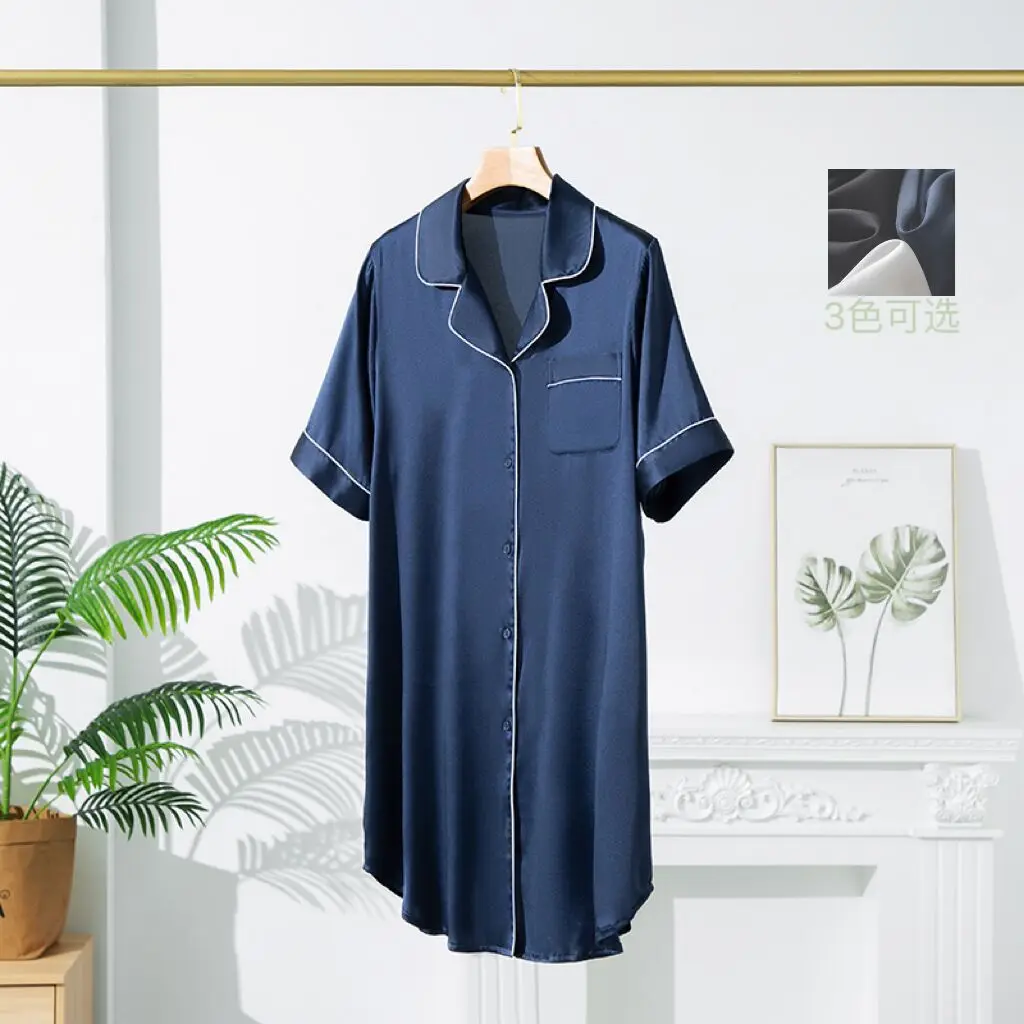 SuyaDream Woman Silk Shirt Dress 93%Real Silk 7%Spandex Single Breasted Mini Dresses 2023 Summer Nightgowns Navy