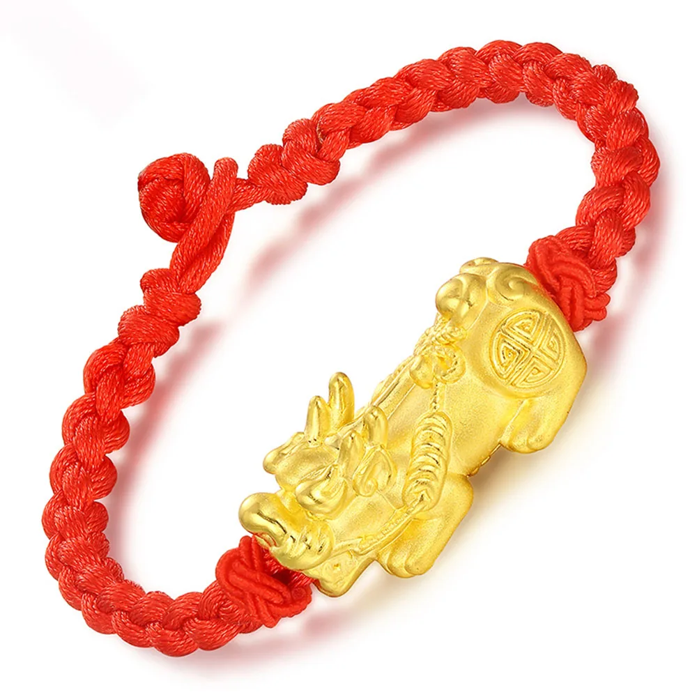 Real 999 24K Yellow Gold 3D Two Coin Pixiu Red Cord Knitted Bracelet