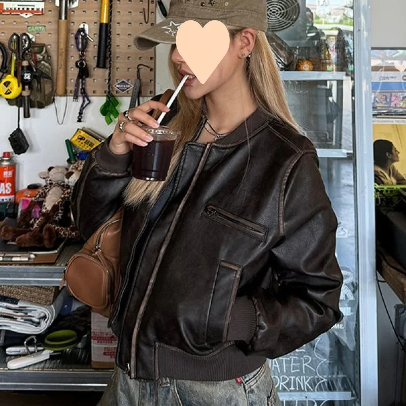 Abrigos y chaquetas nuevas para mujer, chaqueta de cuero de motocicleta antigua limpia a mano, Top corto Retro marrón, abrigo informal holgado con cremallera, ropa femenina