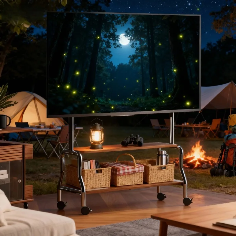 حامل تلفزيون متنقل فاخر من الفولاذ المقاوم للصدأ والخشب عربة تلفزيون متدحرجة مع عجلات قابلة للقفل لأجهزة التلفاز مقاس 32-75 بوصة في المنزل الراقية