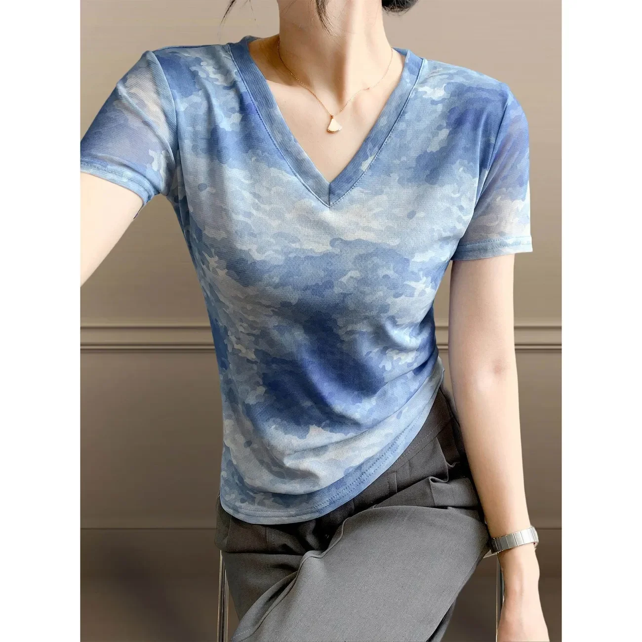 

Women V Neck Short Sleeve T Shirt with Natural Scenery Print Sheer Fabric Casual Summer Top Regular Fit