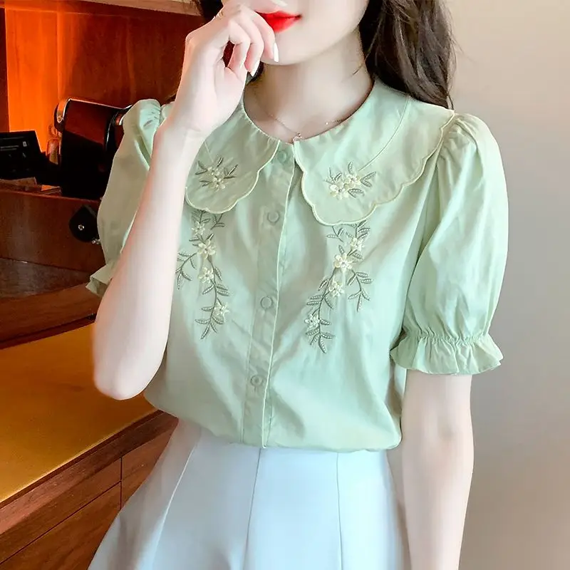 

Новая летняя модная хлопковая рубашка с кукольным воротником и вышивкой для женщин, 2025 г., модная маленькая хлопковая рубашка с короткими рукавами
