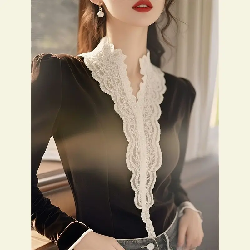 Women's New Year's Fashion Wine Red Velvet Shirt Women's 2025 Early Spring Lace Splicing Bottom Shirt