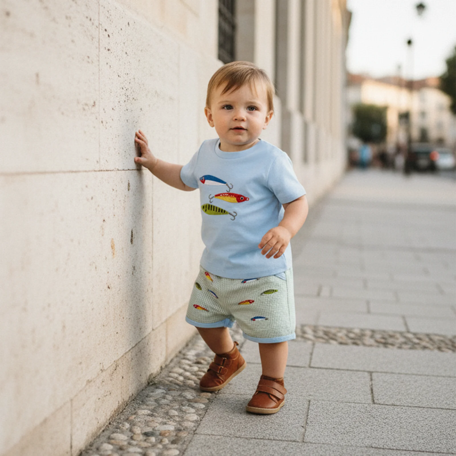 Summer Toddler Baby Boys Shorts Sets Short Sleeve Fish Embroidery Tops Plaid Drawstring Shorts Clothes