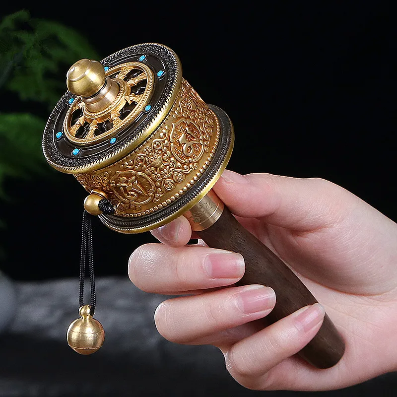 16.4cm Gold Color Copper Religious Ornament, Scriptures Pray for Peace,Buddhist Six Words Mantra Hand Prayer Wheel