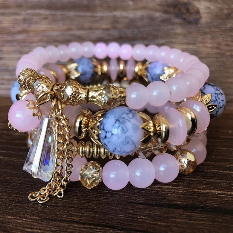 Bohemian Crystal Beaded Multi-Layer Bracelet Set, 4 Pieces Creative Handmade Bracelets for Women Gift
