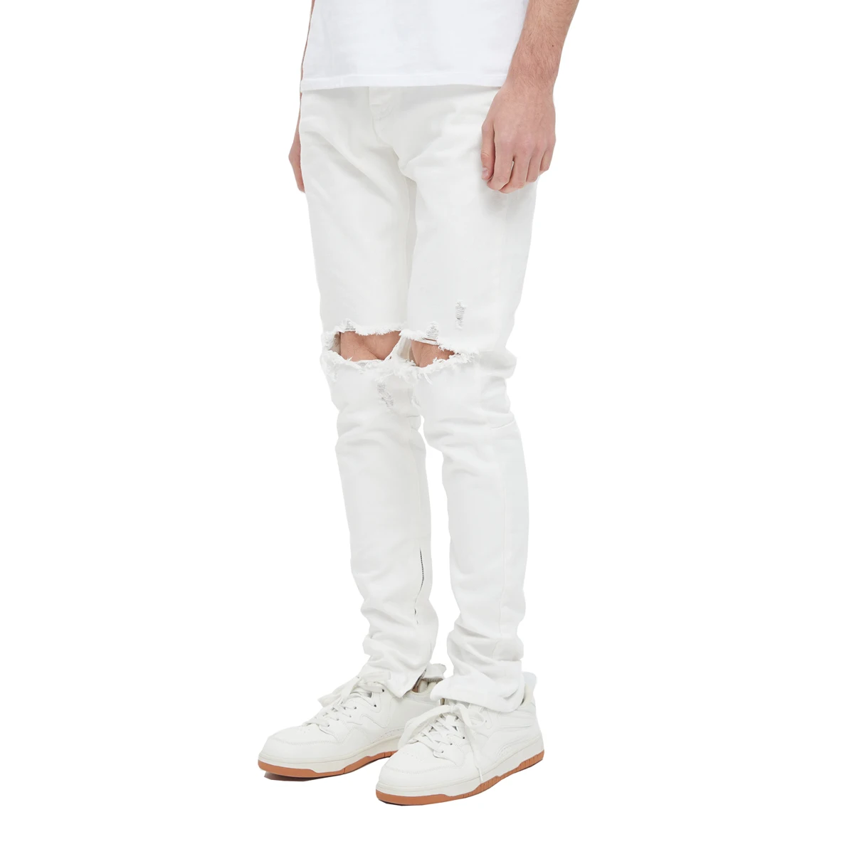 

Men's Button Fly White Zipper Leg Ripped Jeans High Street Denim Jeans