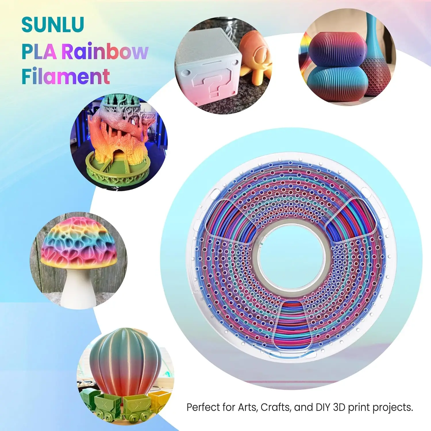 SUNLU 10KG PLA/SILK Rainbow Filament 1.75mm 1000g Spool (2.2lbs)Rainbow Effect Neatly Wound Filament Fit Most FDM Printer