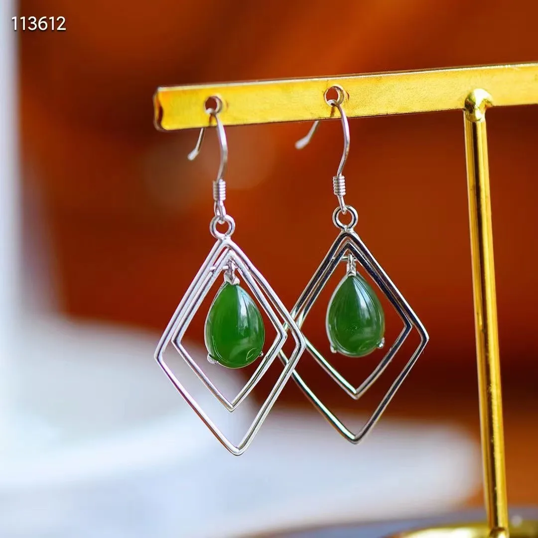 Natural 100% real 925 sterling silver earrings mosaic Droplet shape green hetian jade fashion Earrings temperament women gift