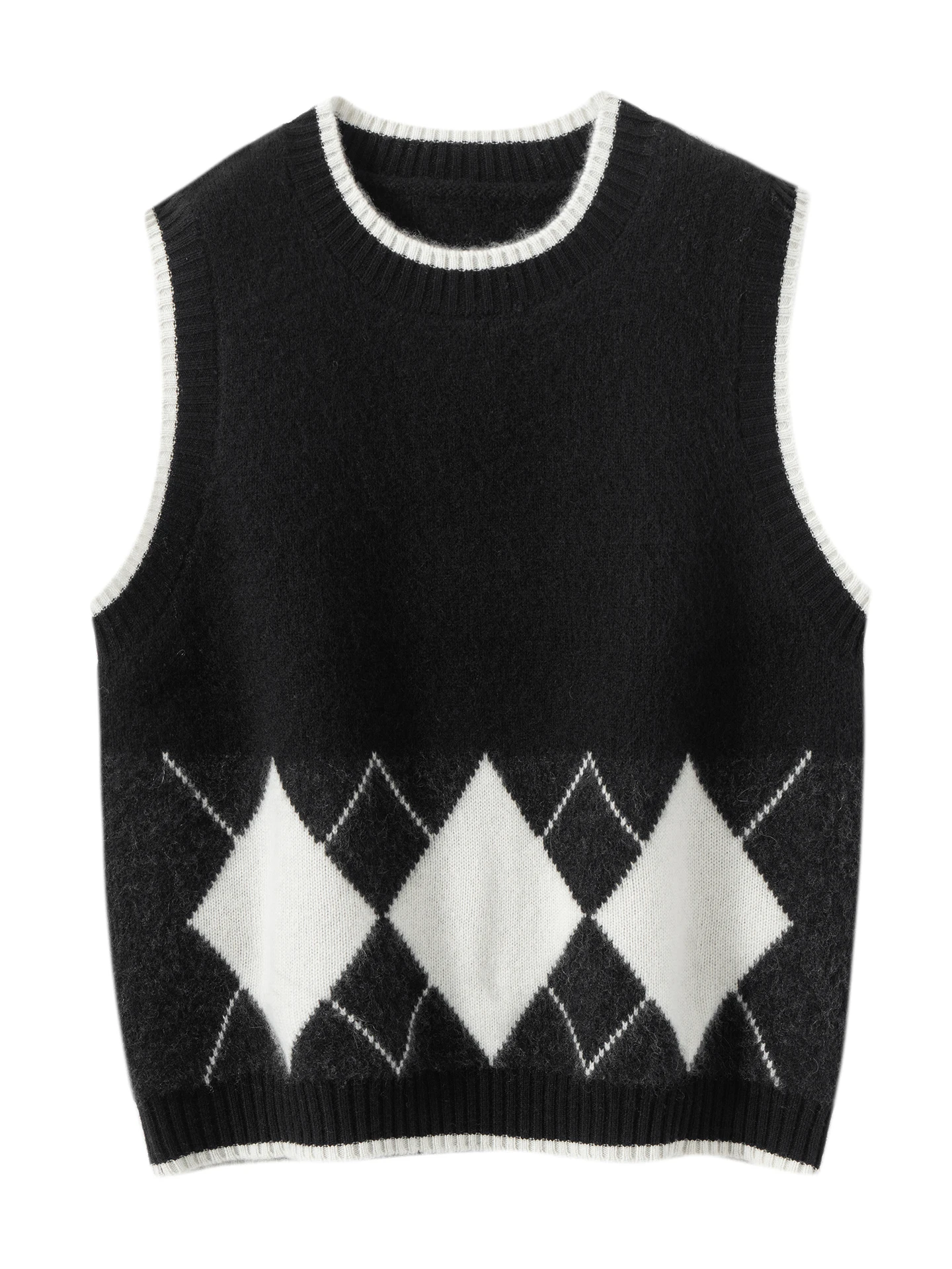 

Ретро-американский шерстяной вязаный жилет для женщин с круглым вырезом, узором в ромбы, в стиле колледж, для многослойного ношения, утепленный, осенний