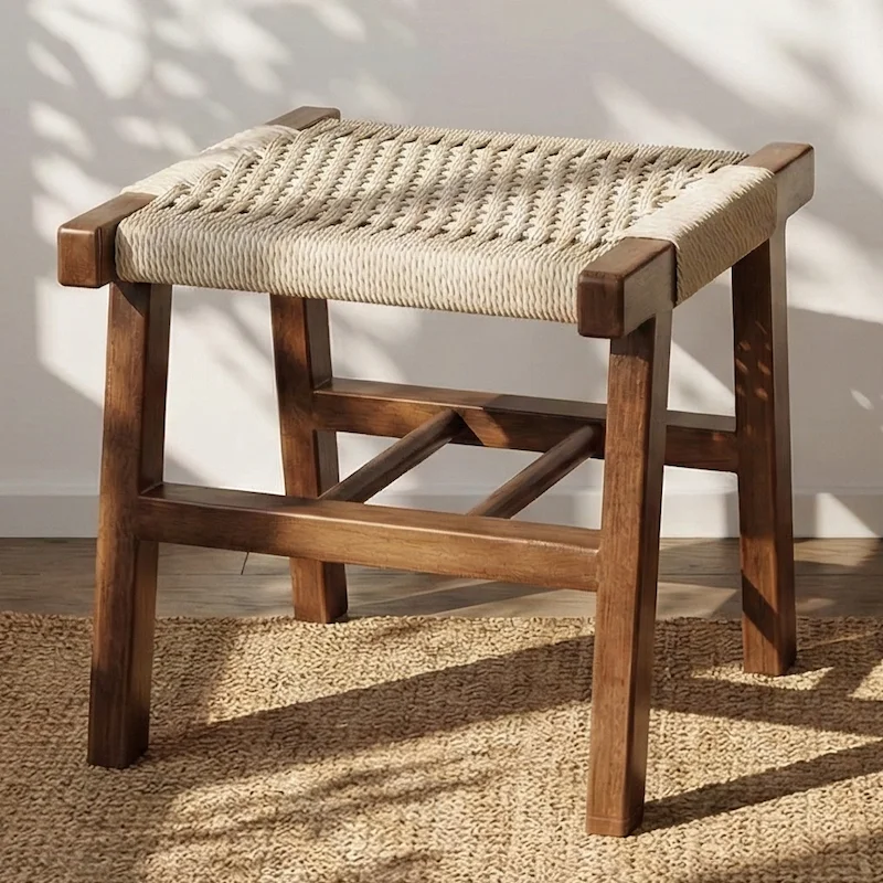Handwoven Rattan & Solid Wood Stool, Entryway Shoe Bench & Sofa Ottoman, Multifunctional Home Accent for Small Space