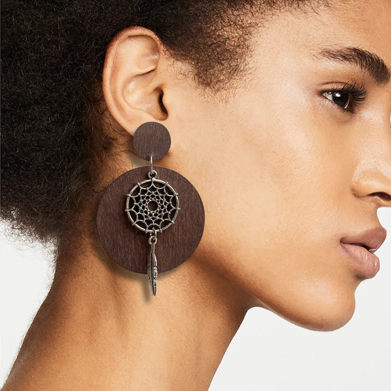 Dream Catcher Vintage Wooden Earrings Personality Exaggerate Bohemian Geometry National Style Earrings for Women Gift Jewelry