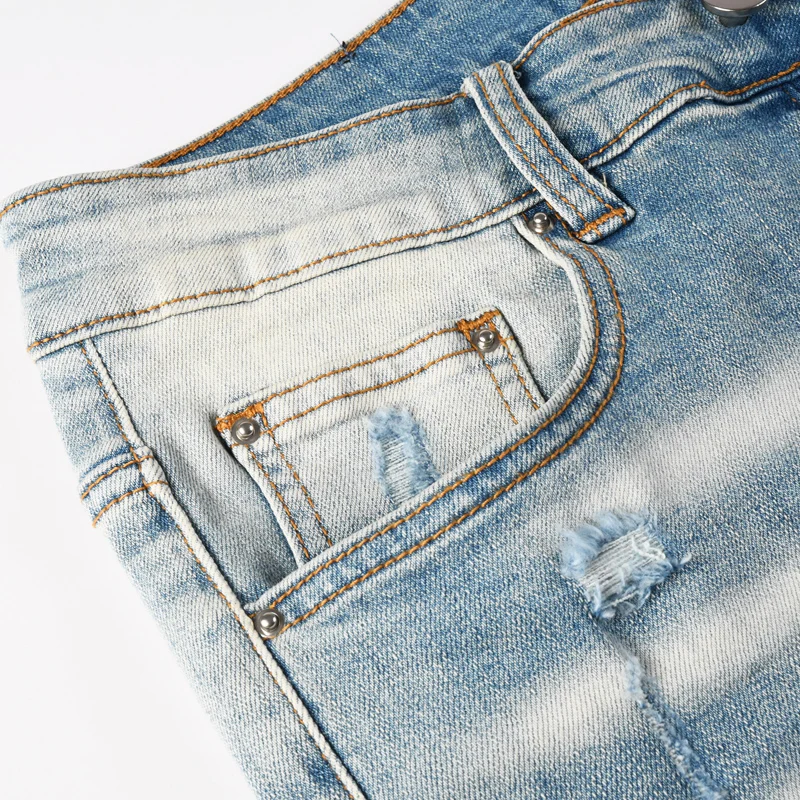 High Street Fashion Designer Men Jeans Retro Light Blue Stretch Skinny Fit Patched Ripped Jeans Men Brand Hip Hop Denim Pants