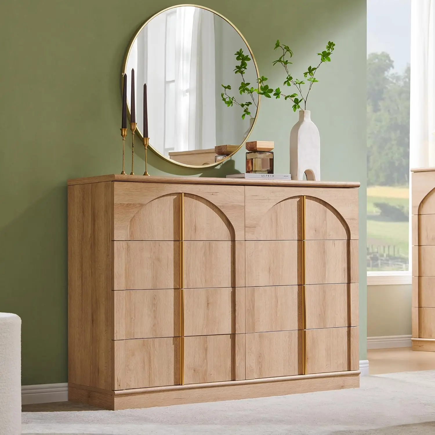 Large Dresser for Bedroom with 8 Drawers with Arched Panel,Modern Minimalist Chest of Drawers with Gold Handles,Natural Oak