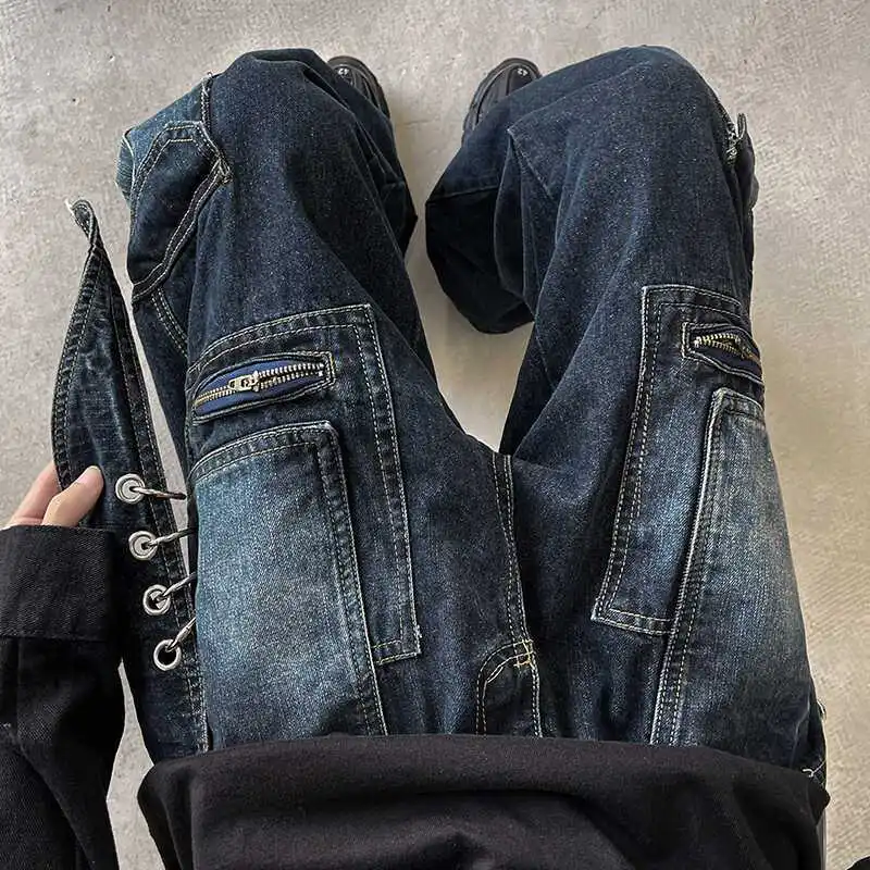 

Large Size Heavy Industry Deconstruction Spliced Jeans Men'S American High Street Buckle Wide Legs