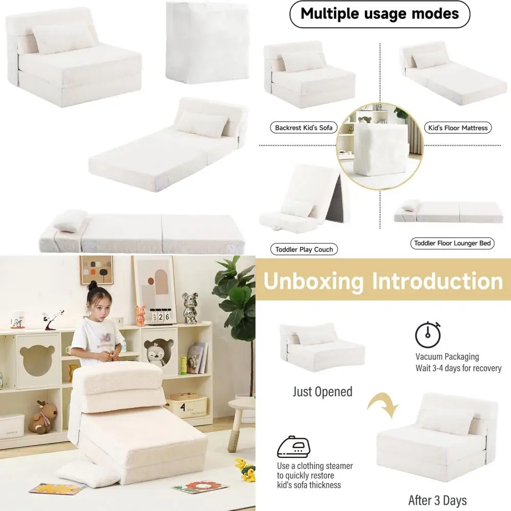 أريكة سرير للأطفال قابلة للتحويل مع مرتبة رباعية الطي، وسادة، أريكة قطيفة، تخزين محمول، كرسي للاسترخاء المريح