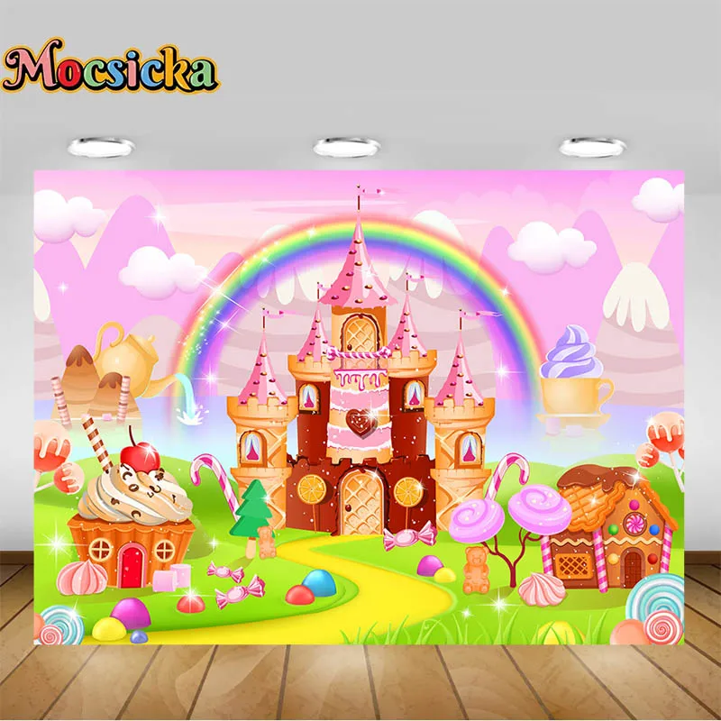 Pink Candy Castle Background For Children's Portrait Shooting Cartoon Rainbow Clouds Newborn 1st Birthday Photography Backdrop